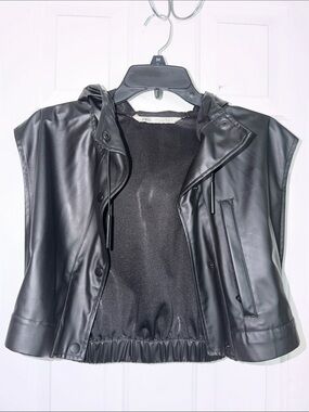 Zara Black Faux Leather Hooded Vest with Elastic Hem